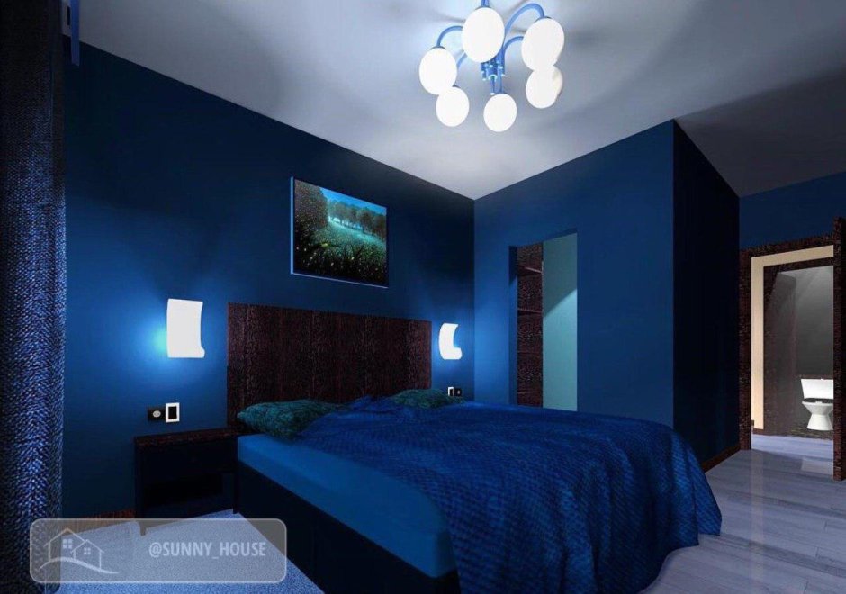 Темно синие обои в спальне