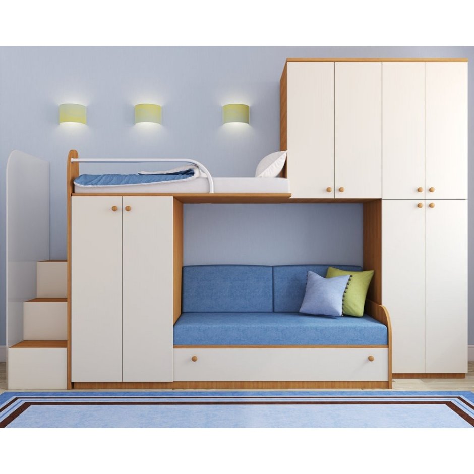 Детская двухэтажная кровать со шкафчиками