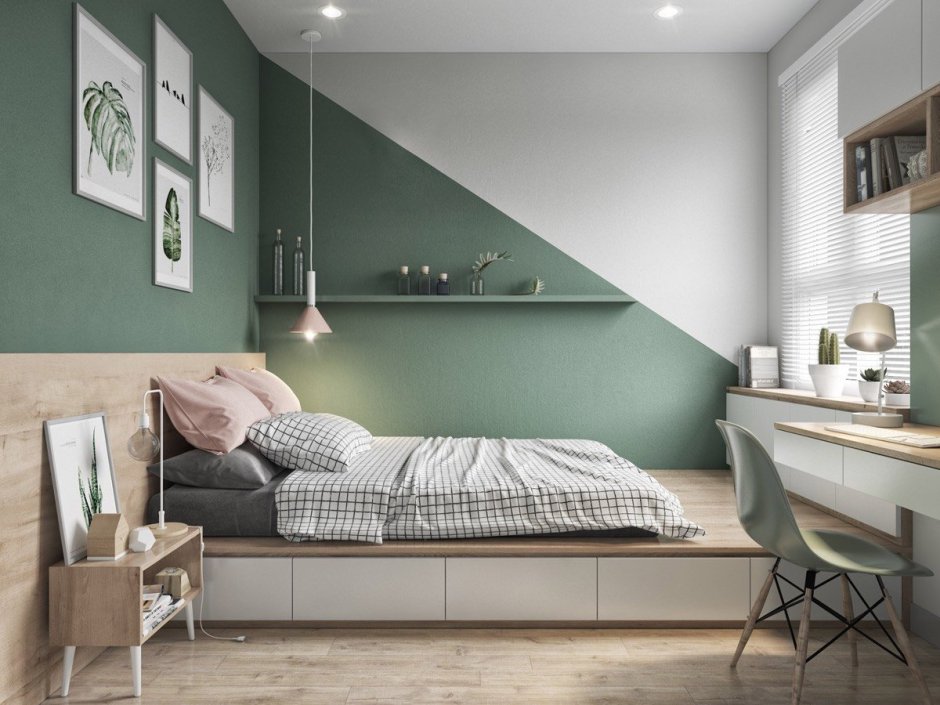 Зеленые стены в спальне