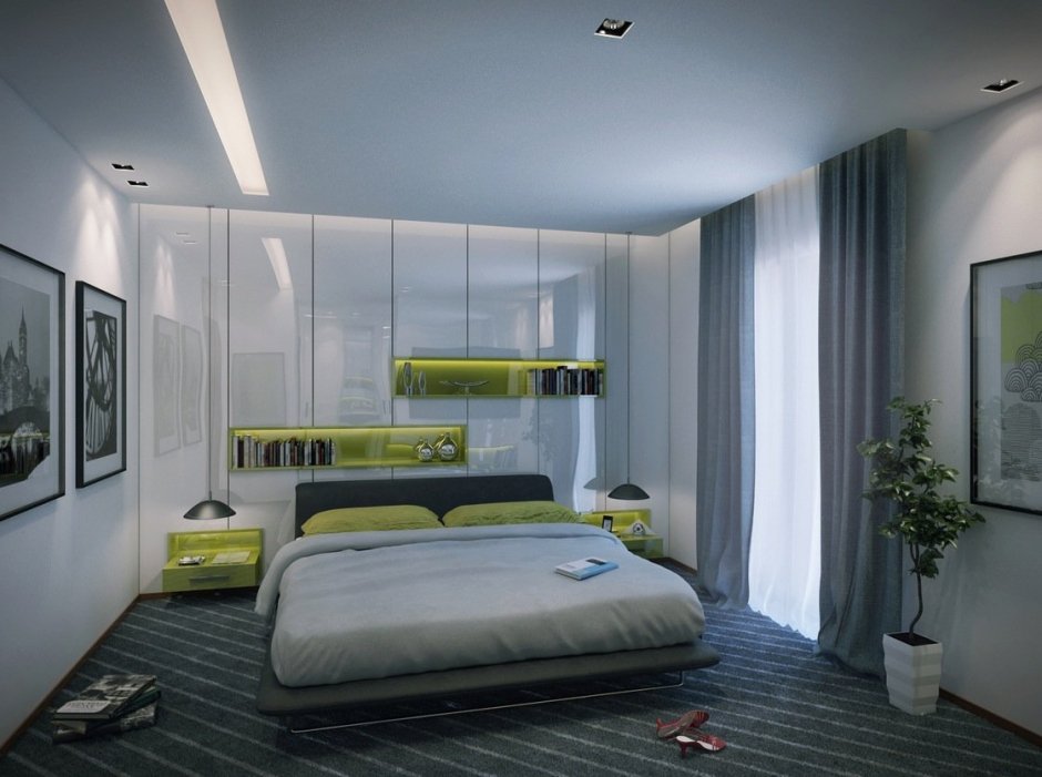 Спальня в современном стиле в светло зеленых тонах