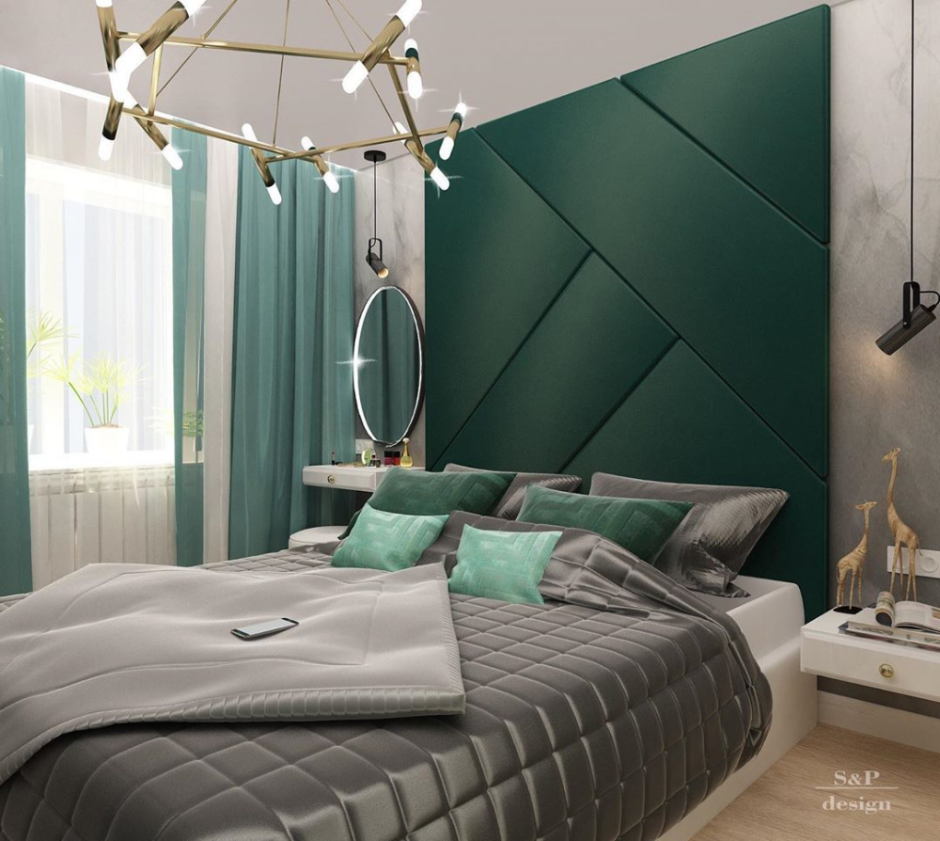 Серо зеленая белая спальня