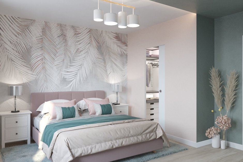 Обои для спальни комбинированные пастельных тонах дизайн фото