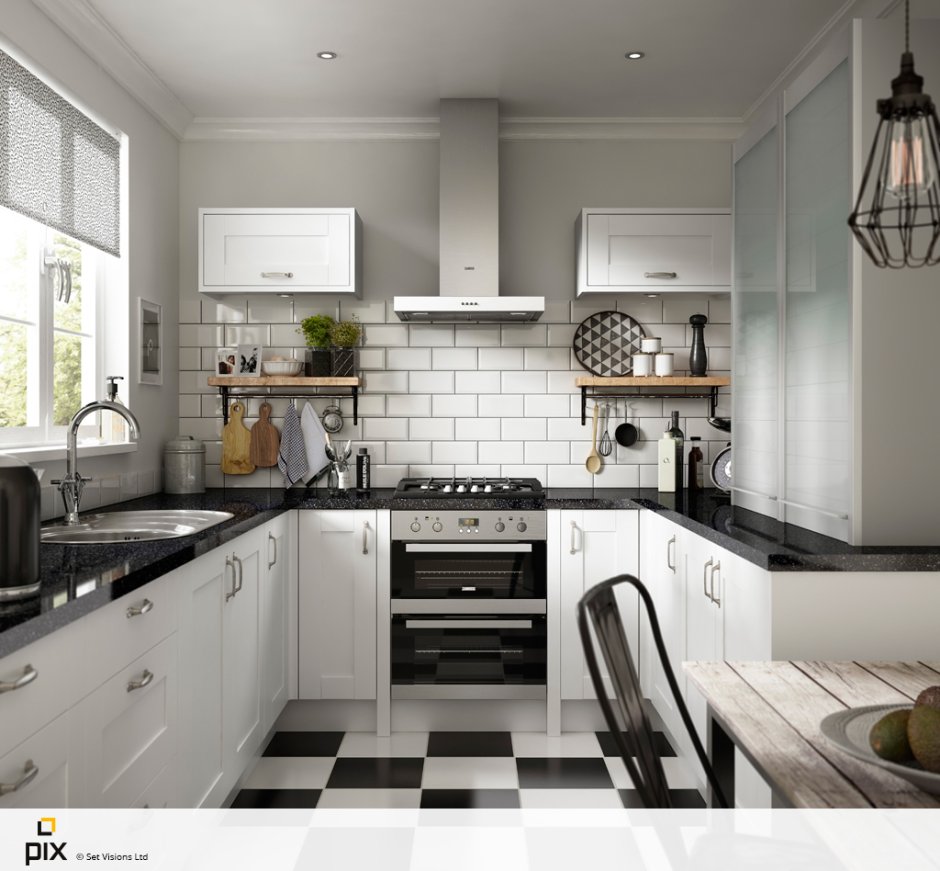 Белая кухня с черными аксессуарами