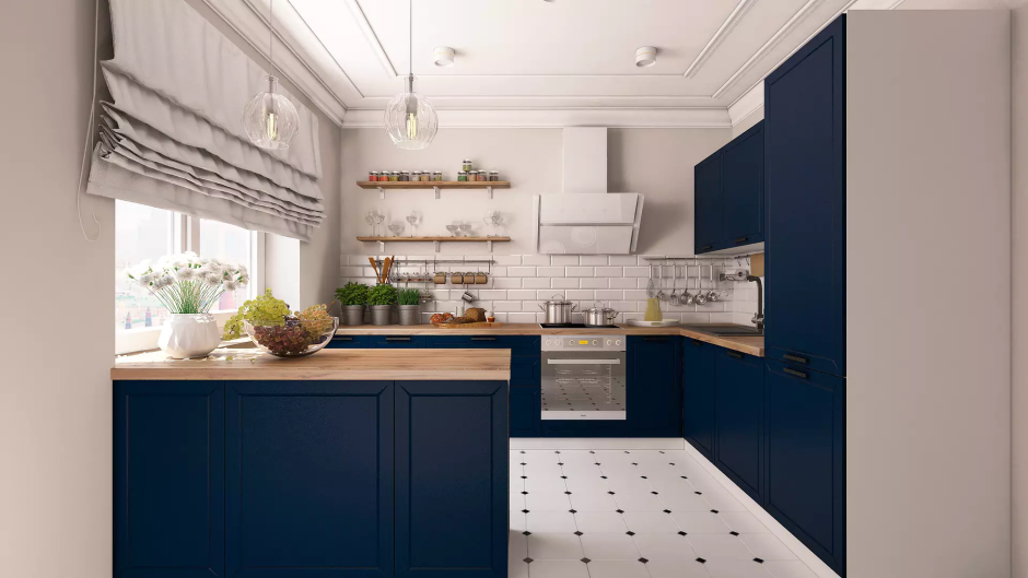 Бело синяя кухня с черной столешницей