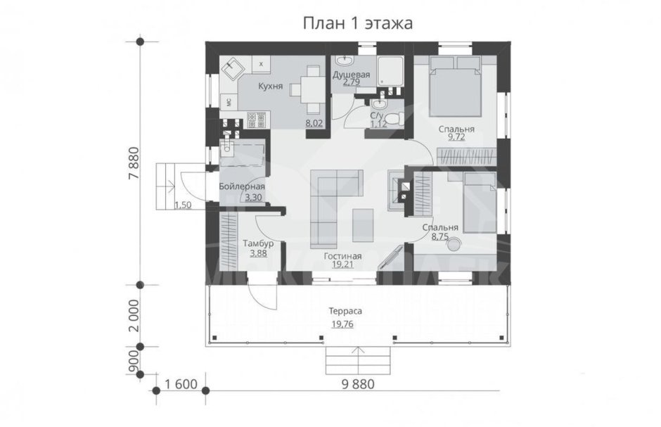 Проект одноэтажного дома 100 м2 с 2 спальнями террасой