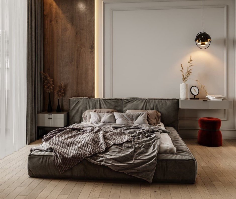Стильная спальня в современном стиле в серых тонах