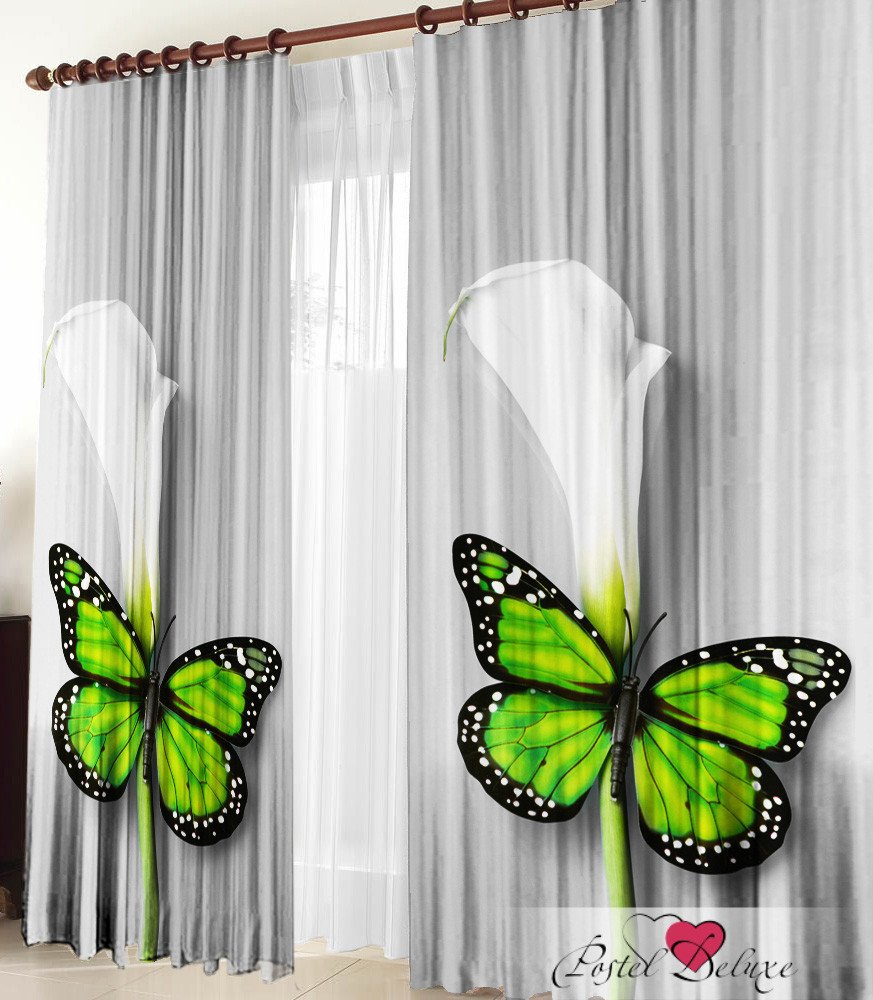 Тюль зеленая с бабочками