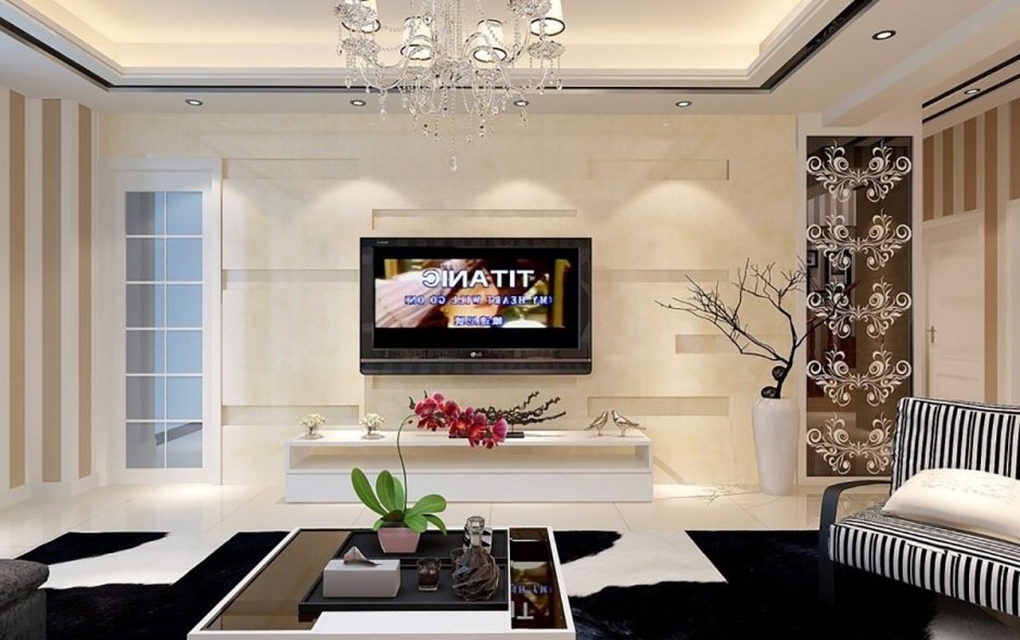 Модный интерьер в гостиной с телевизором на стене
