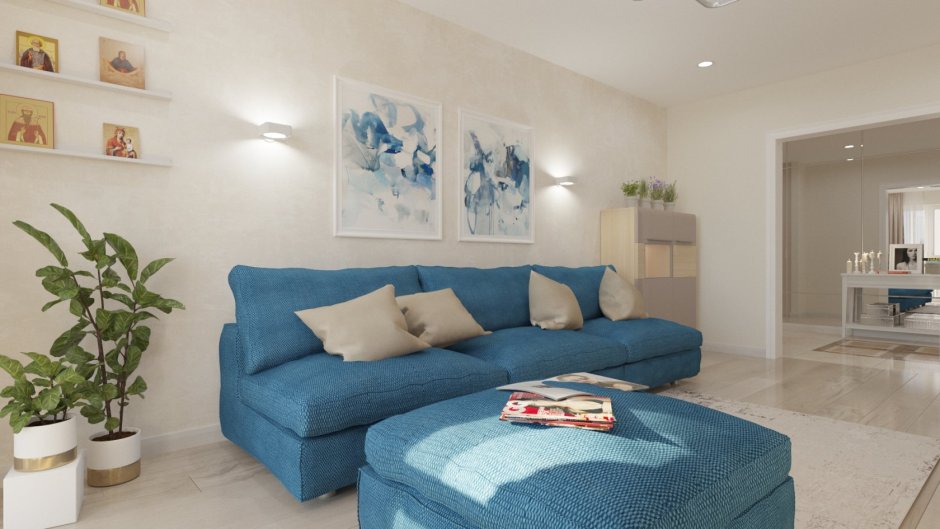 Светлая гостиная с голубым диваном