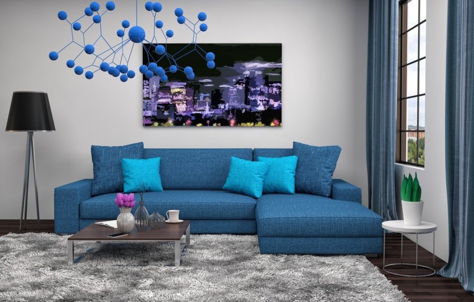 Гостиная с синим диваном