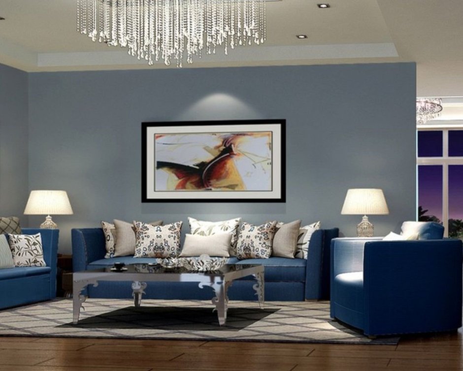 Гостиная с серыми стенами и синим диваном
