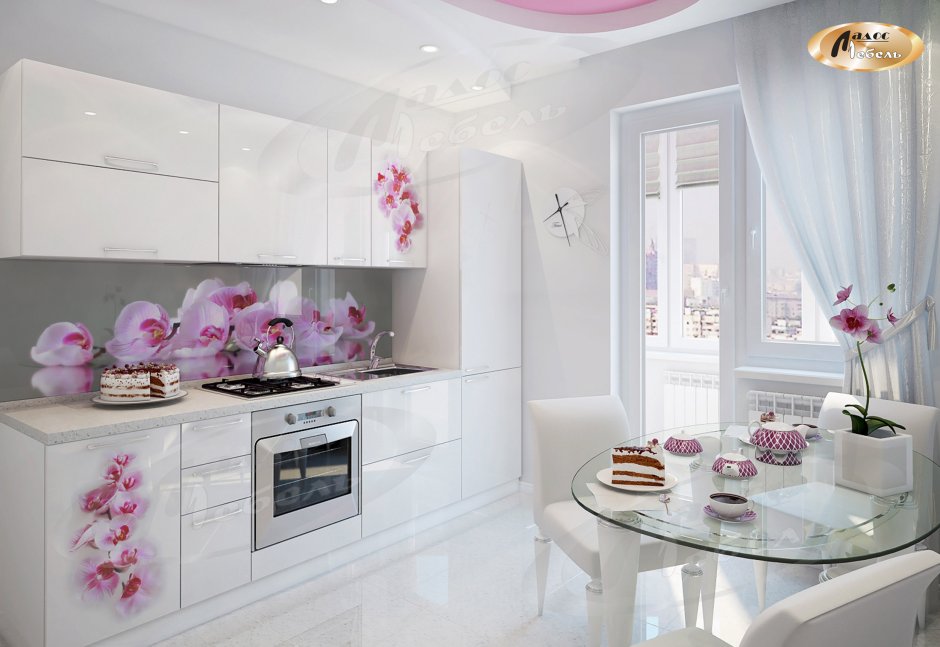 Бело розовая кухня