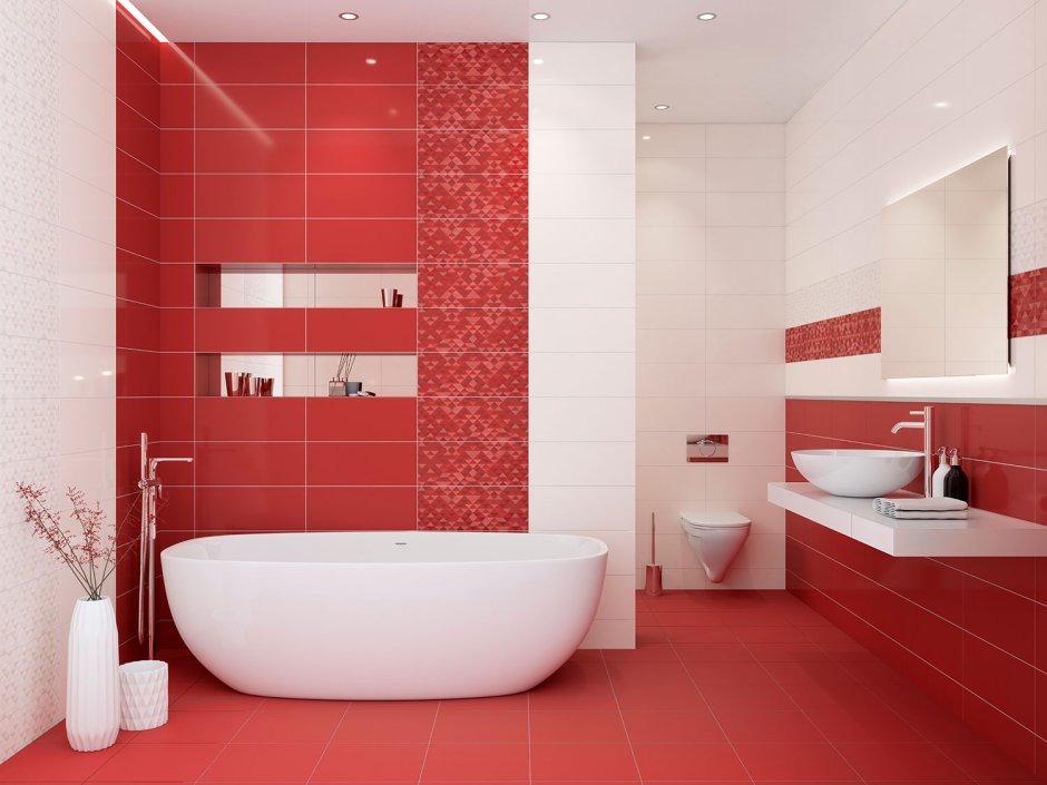 Интерьер красной ванной комнаты 2022 года