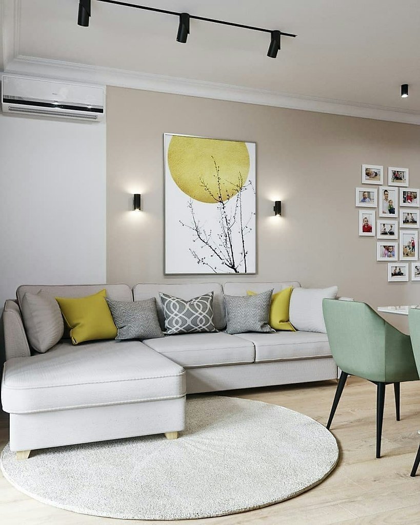 Гостиная в бирюзовых тонах в современном стиле с кухней