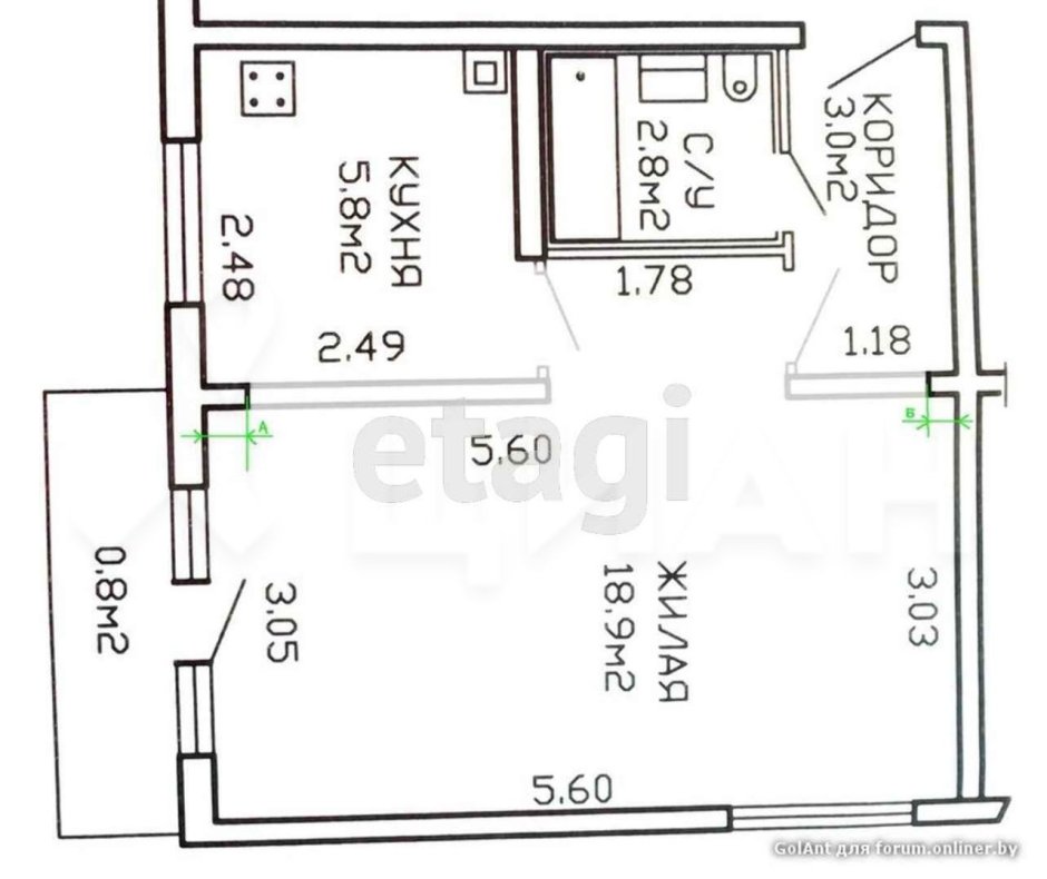 План 1 комнатной квартиры хрущевки 30 кв.м
