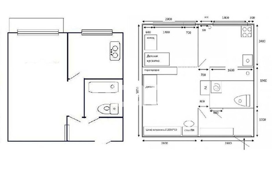Схема 1 комнатной квартиры в хрущевке
