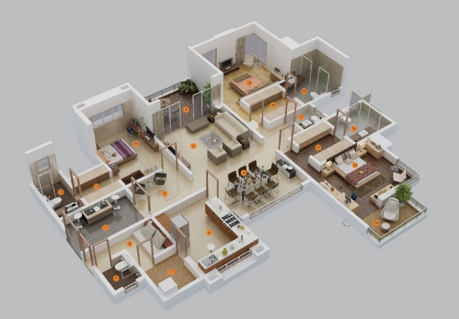 Планировка 5 комнатной квартиры 3d