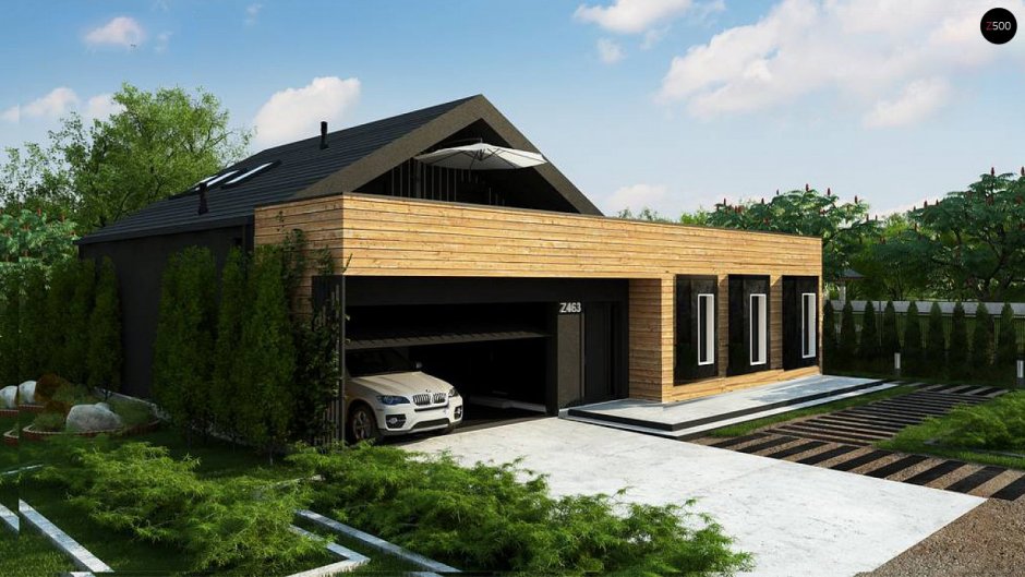 Современный дом с гаражом и навесом