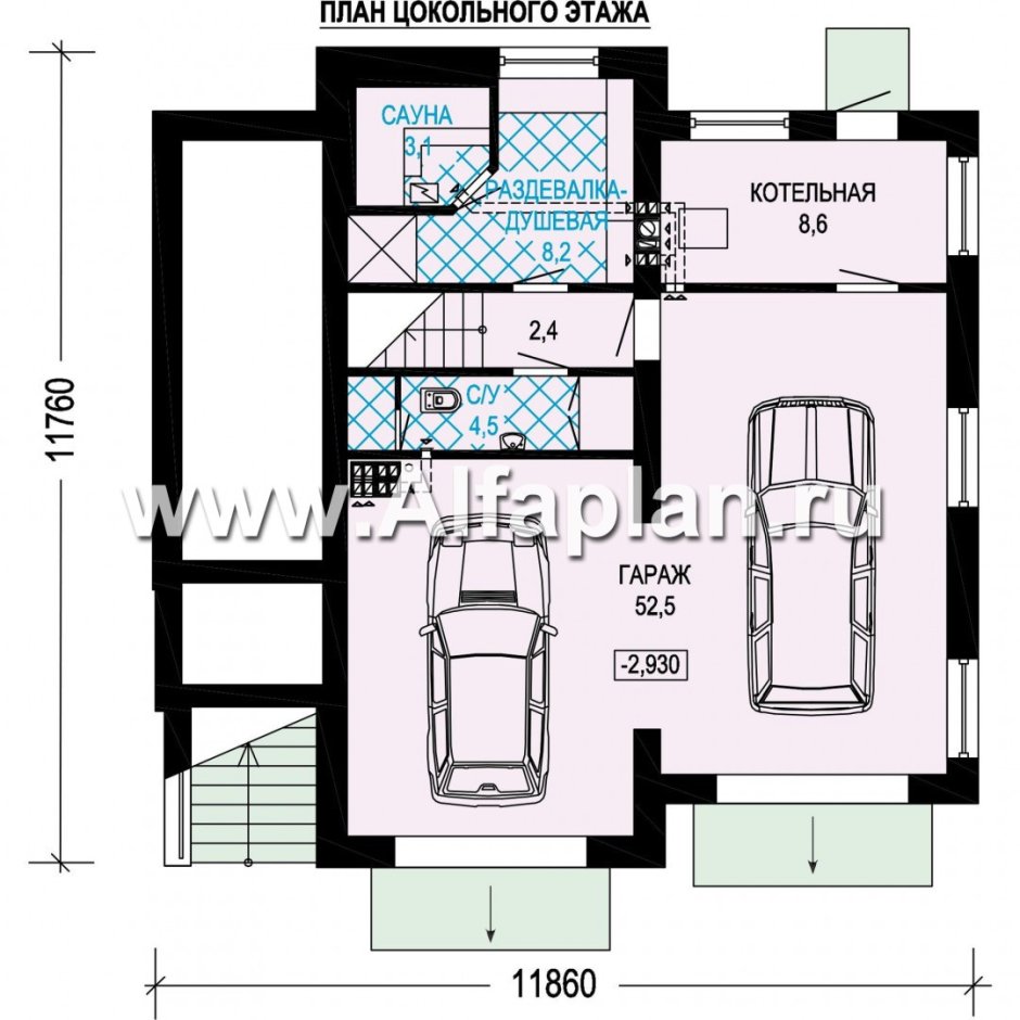 План дома 2 этажа с гаражом на 2 машины и котельной