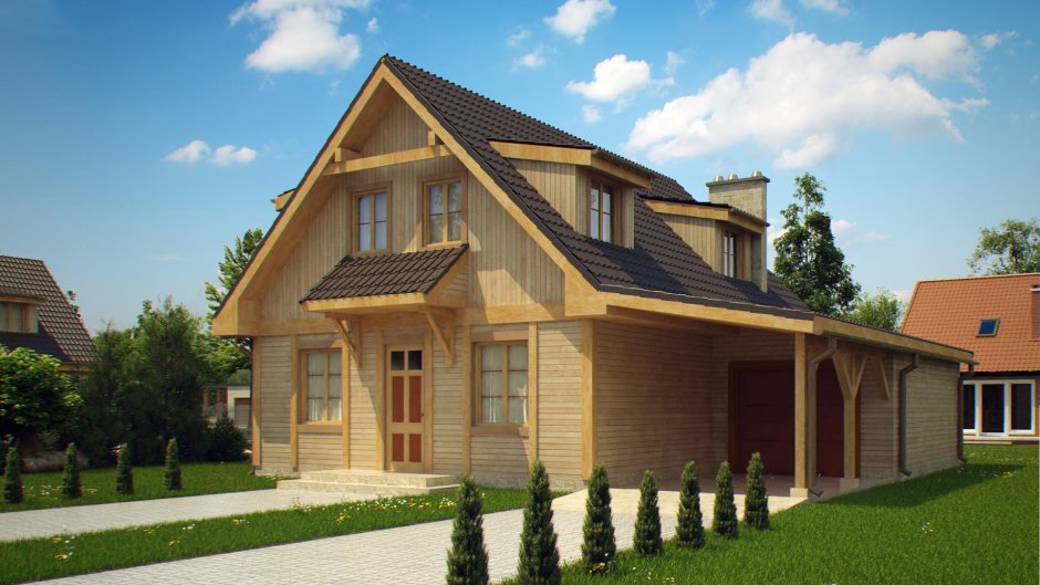 Двухэтажный дом с гаражом и террасой деревянной