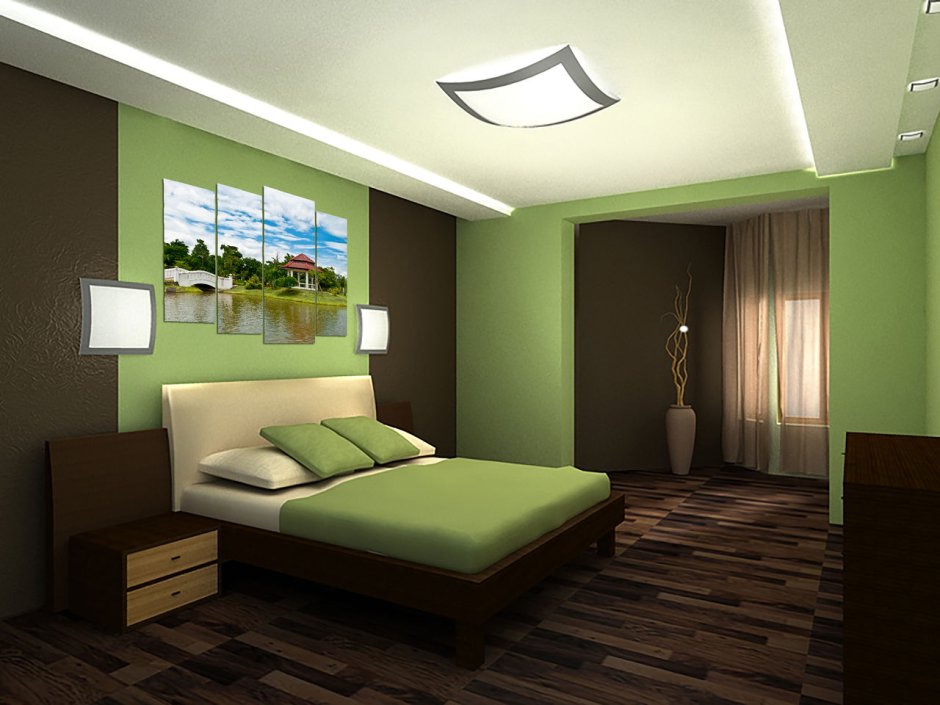Коричнево зеленая спальня