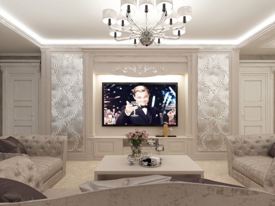 Линкруста в интерьере гостиной в стиле Неоклассика