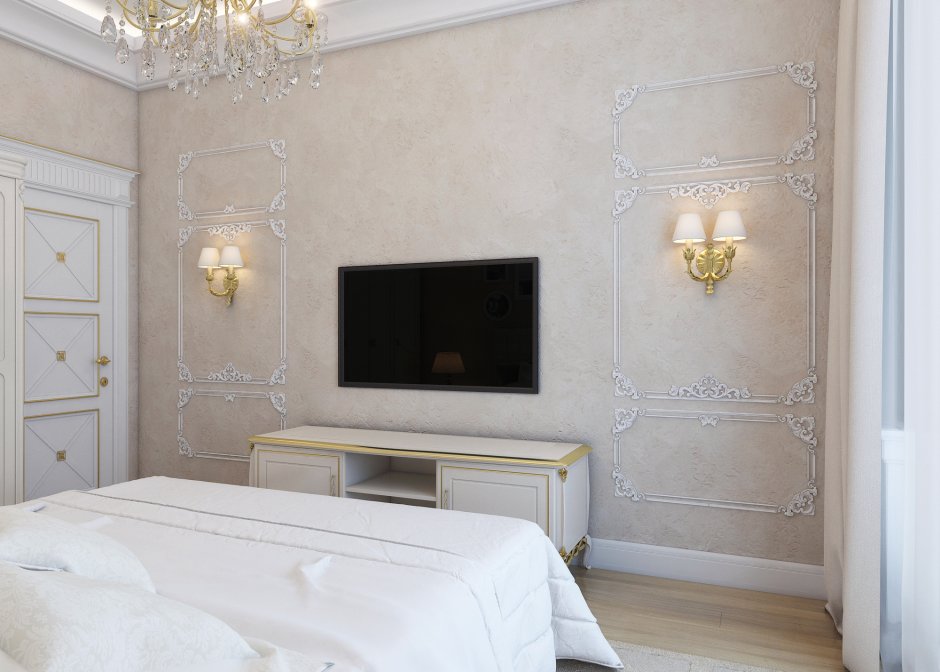 Телевизор в спальне с молдингами