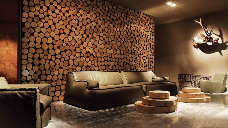 Отделка стен кусками дерева