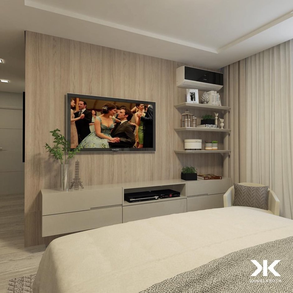 Интерьер спальни с телевизором