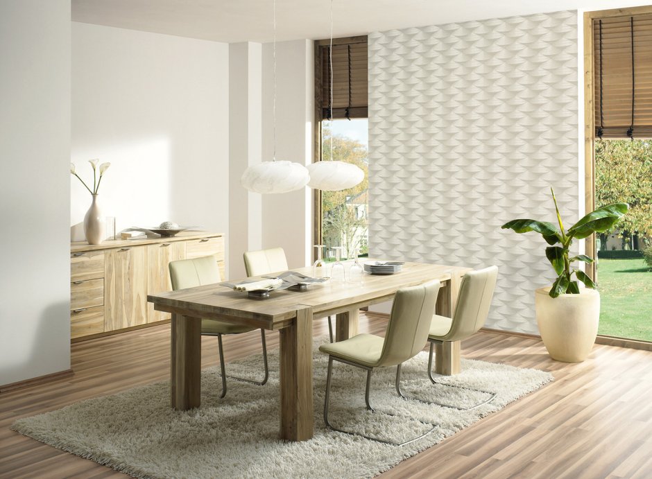 Обои под рогожку в интерьере кухни