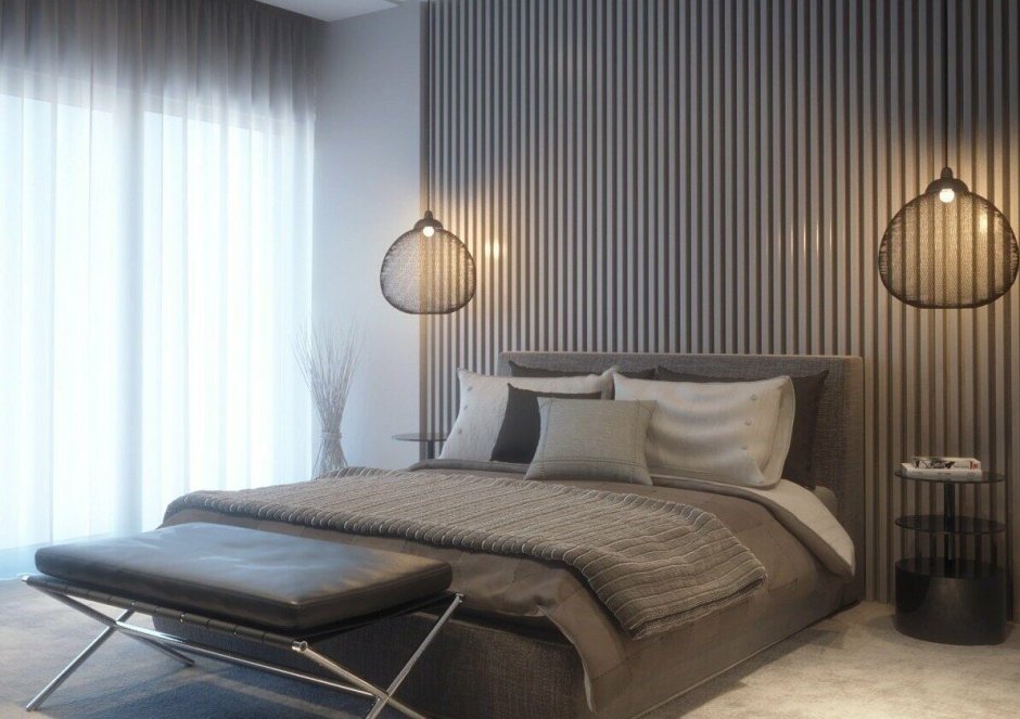 Рейки на стене в интерьере спальни