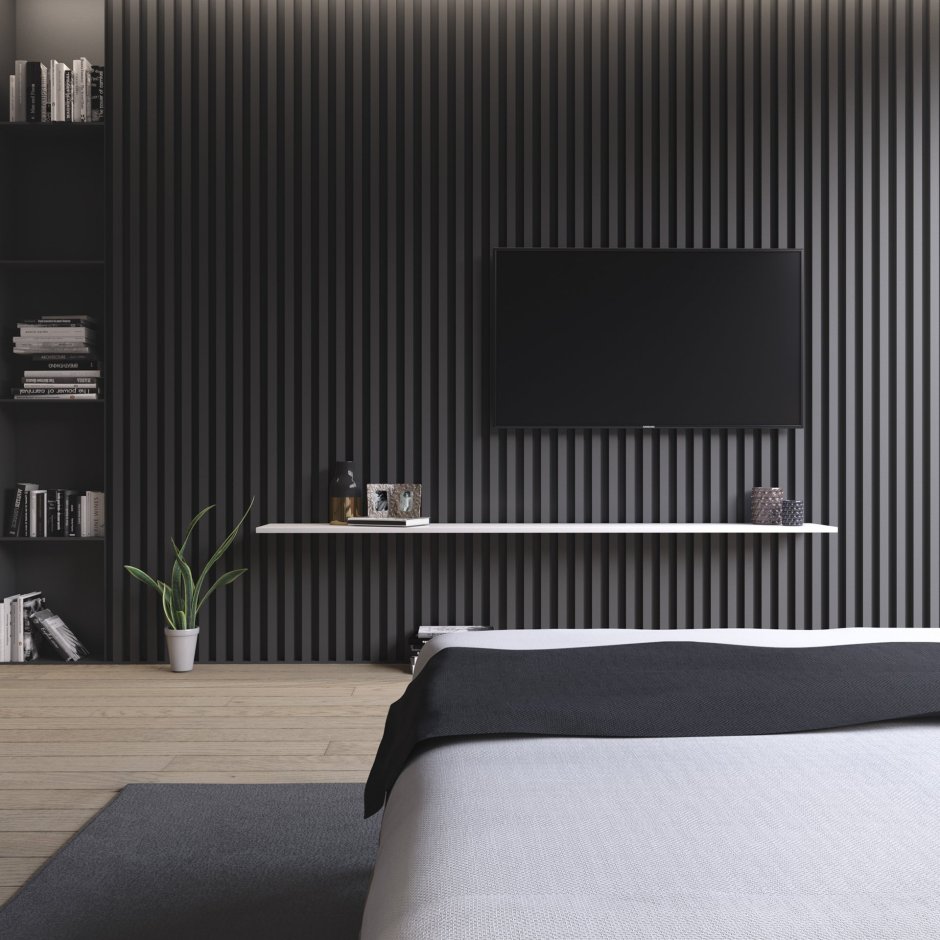 Черная стена с деревянными рейками