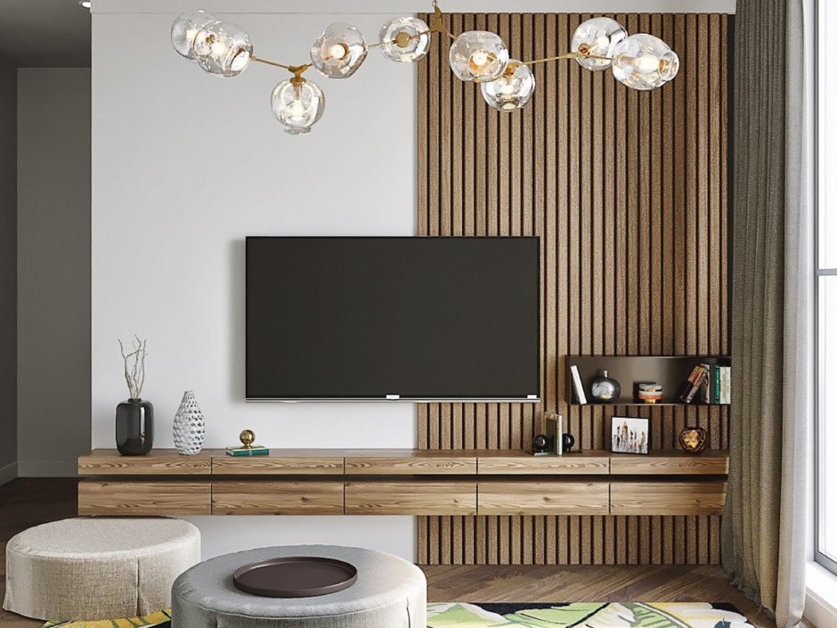 Рейки на стене с телевизором