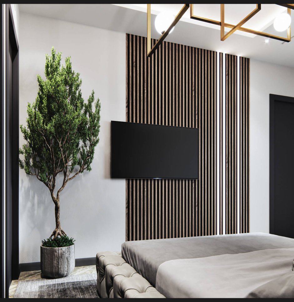 Деревянные рейки в гостиной за телевизором