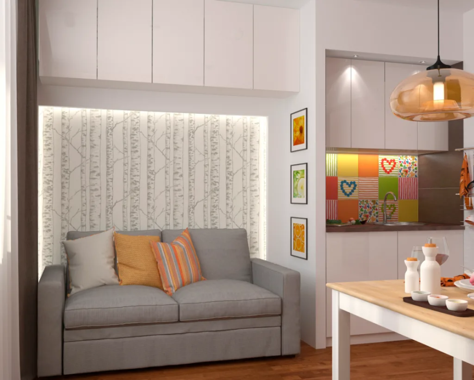 Маленькая кухня гостиная с диваном