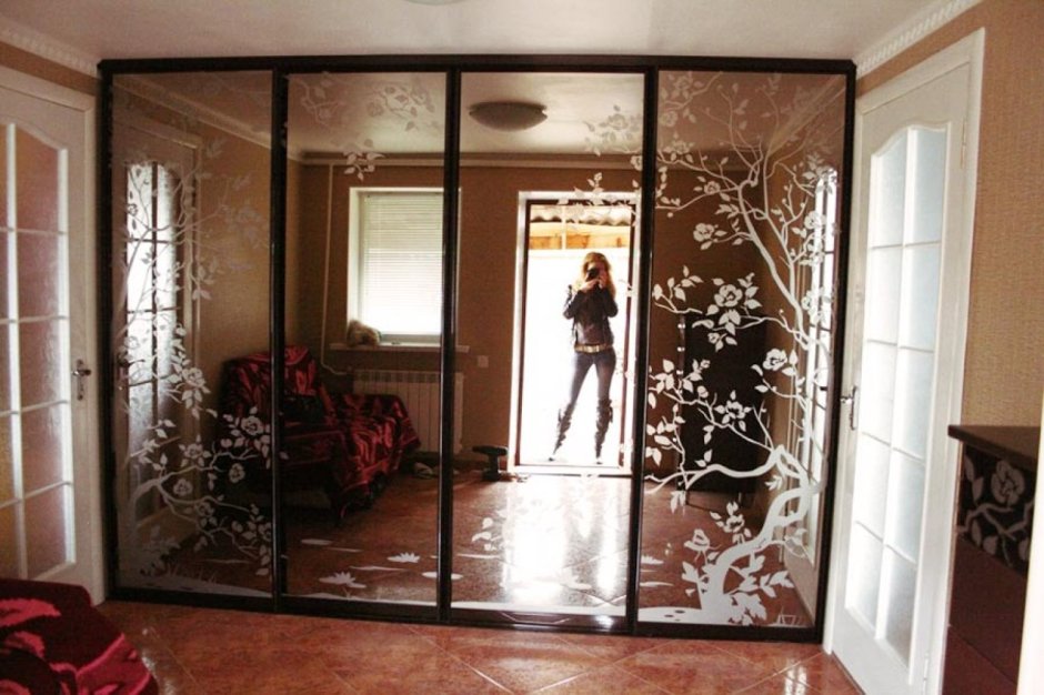 Двери купе пескоструй на зеркале