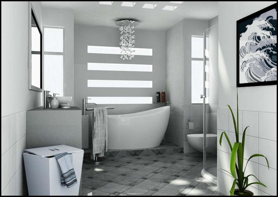 Интерьер ванной комнаты в серо белом цвете