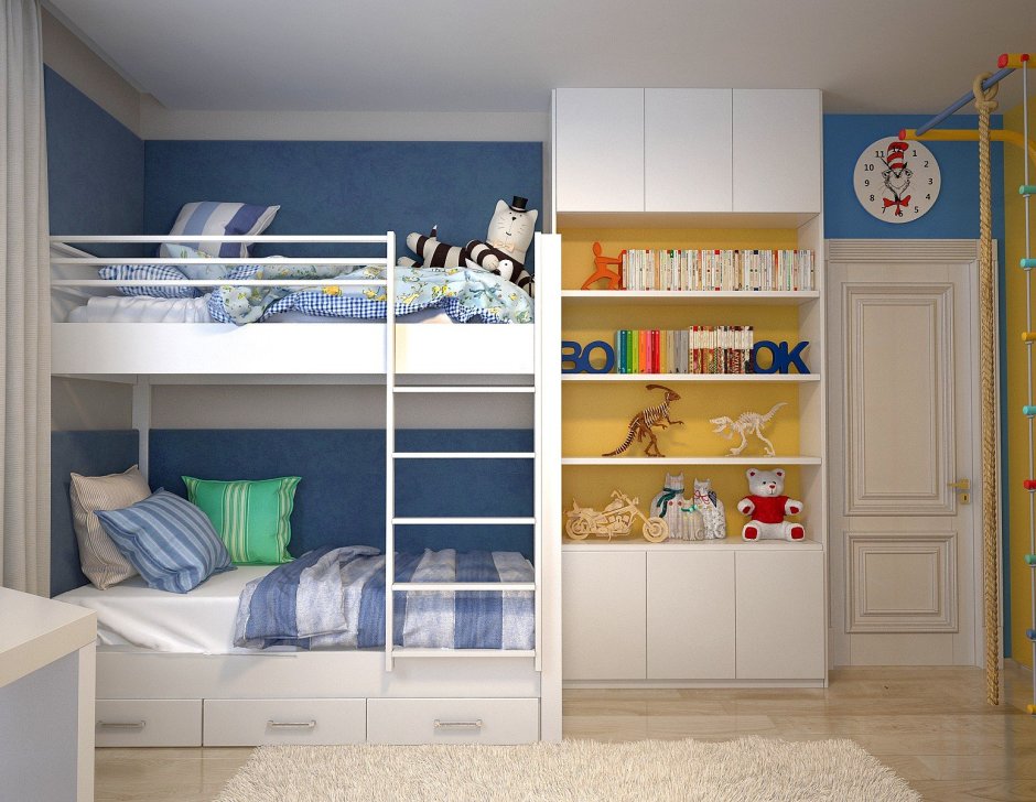 Детская комната для двоих разнополых с двухъярусной кроватью