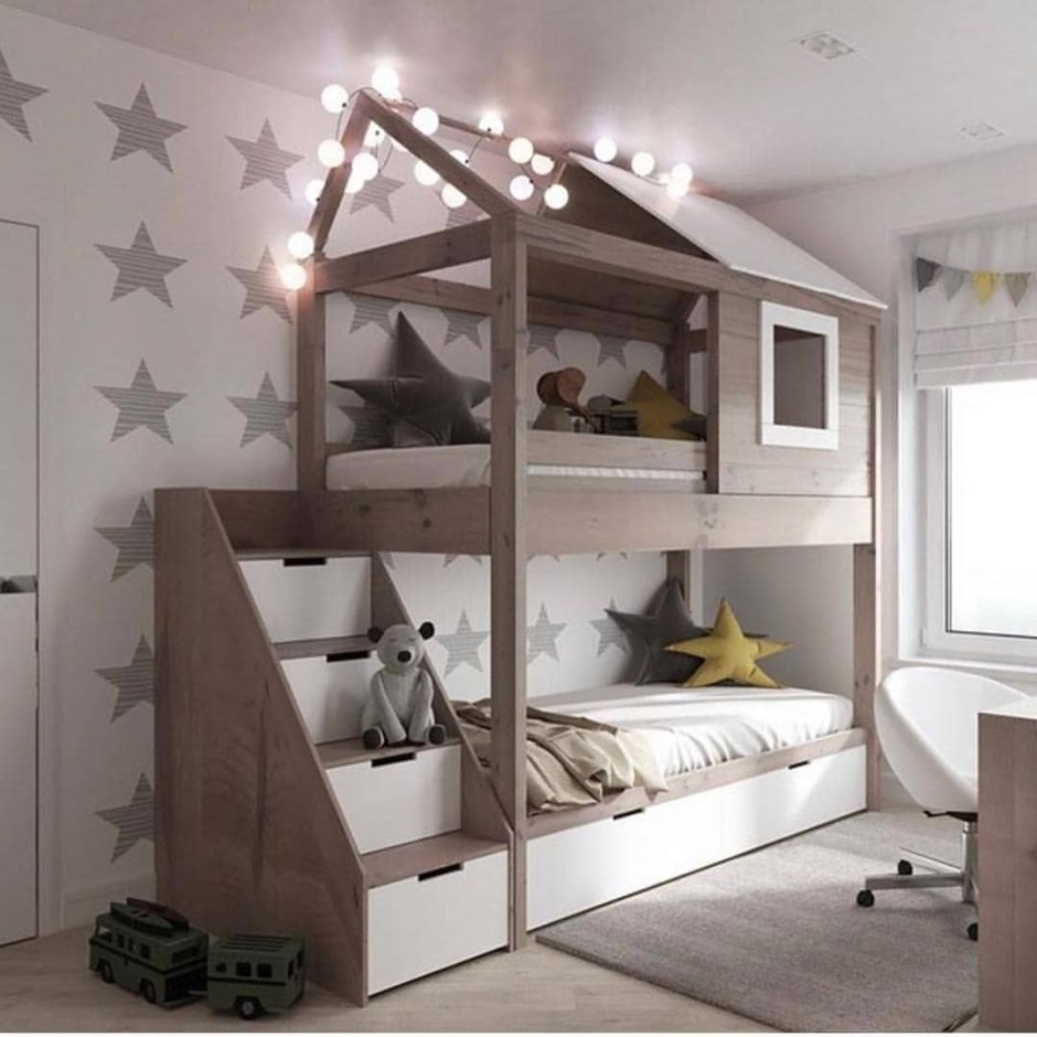 Детские комнаты с двухъярусной кроватью и диваном