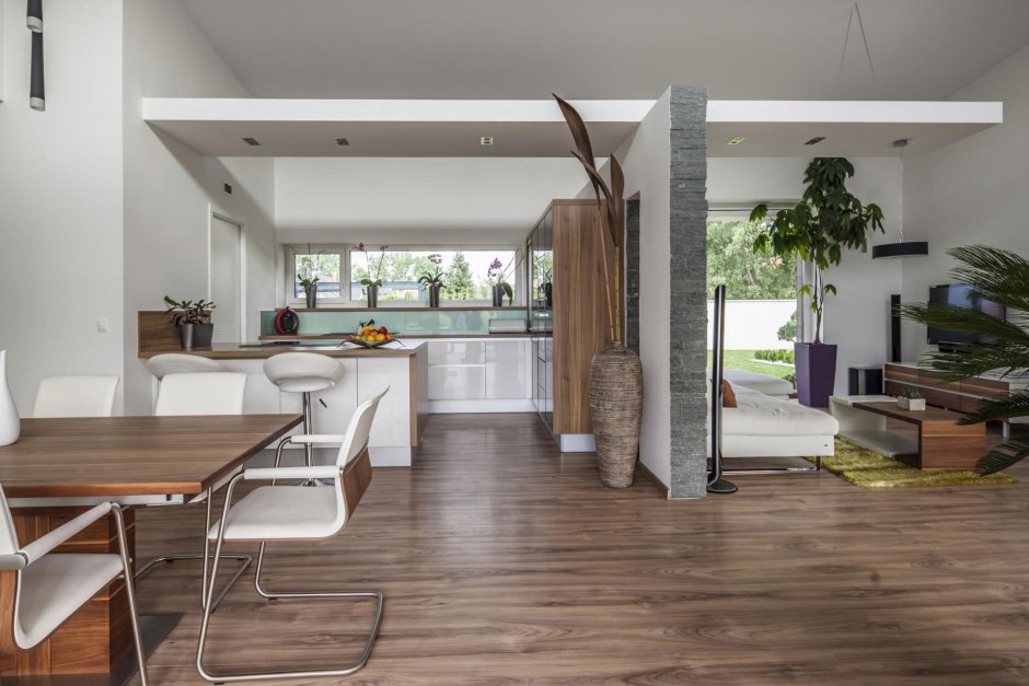 Загородный дом интерьер гостиной с кухней в скандинавском стиле