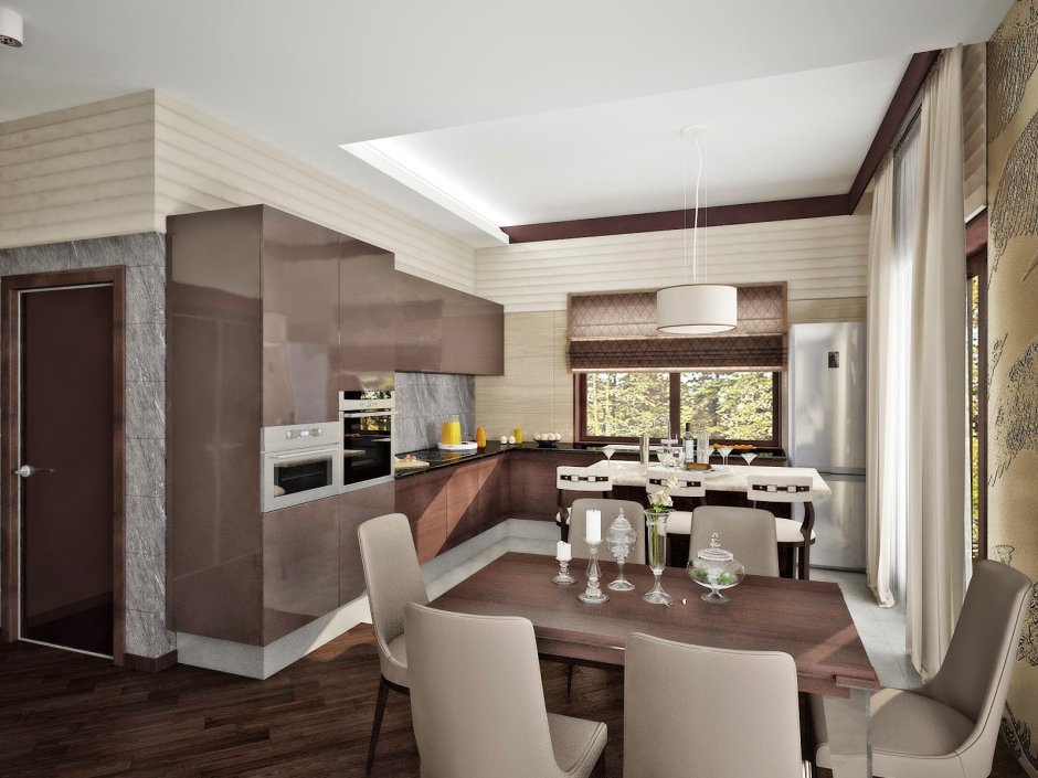 Одноэтажный дом в современном стиле с камином