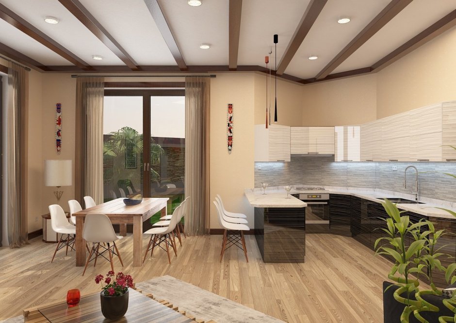 Интерьер кухни гостиной в доме из клееного бруса