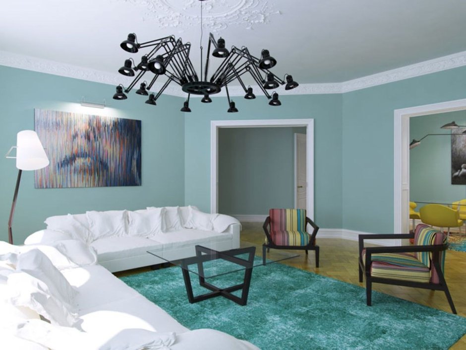 Мятные стены в гостиной