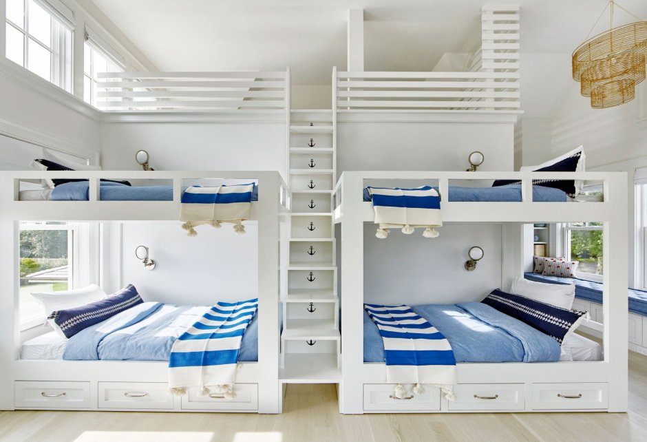 Интерьер детской для двоих разнополых с двухъярусной кроватью