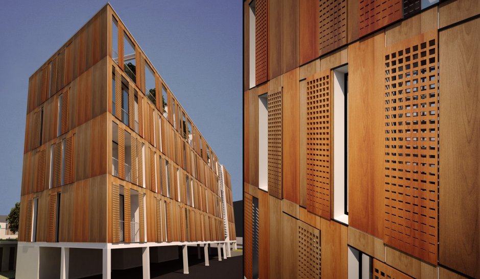 Навесные фасады с деревом