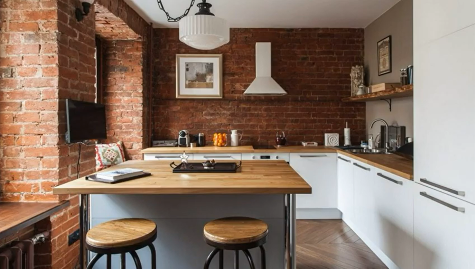 Кухня лофт стены кирпич