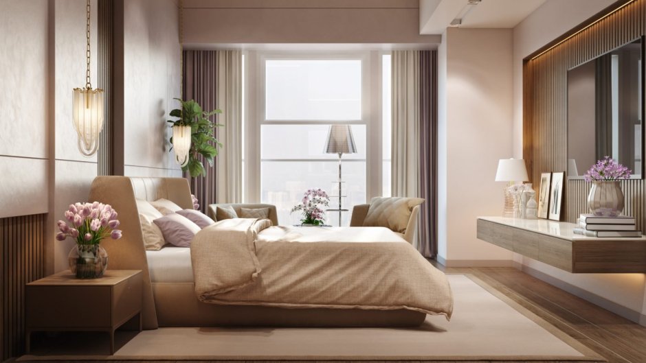 Спальня в теплых тонах в современном стиле