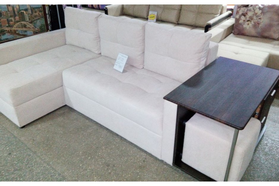 Квадро-2 угловой диван с баром, с пуфиками и столиком в подлокотниках