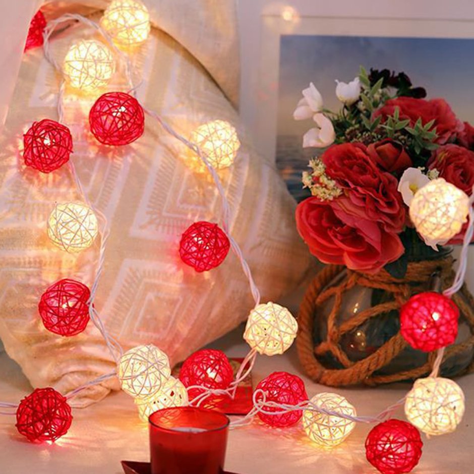 Гирлянда ротанговые шарики, красные, 3.5 м, 20 шт