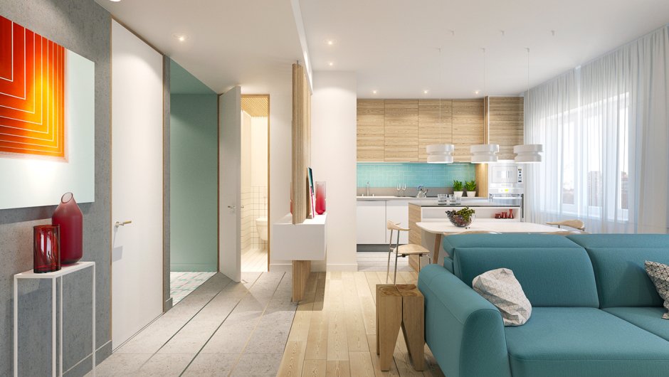 Проходная кухня гостиная